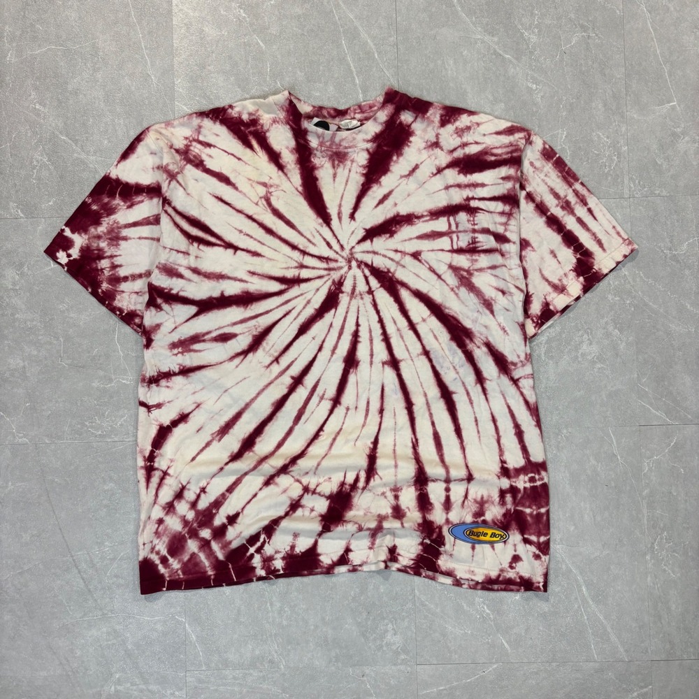 Vintage Bugle Boy Mens Burgundy White Spiral Tie Dye T-Shirt Size Large